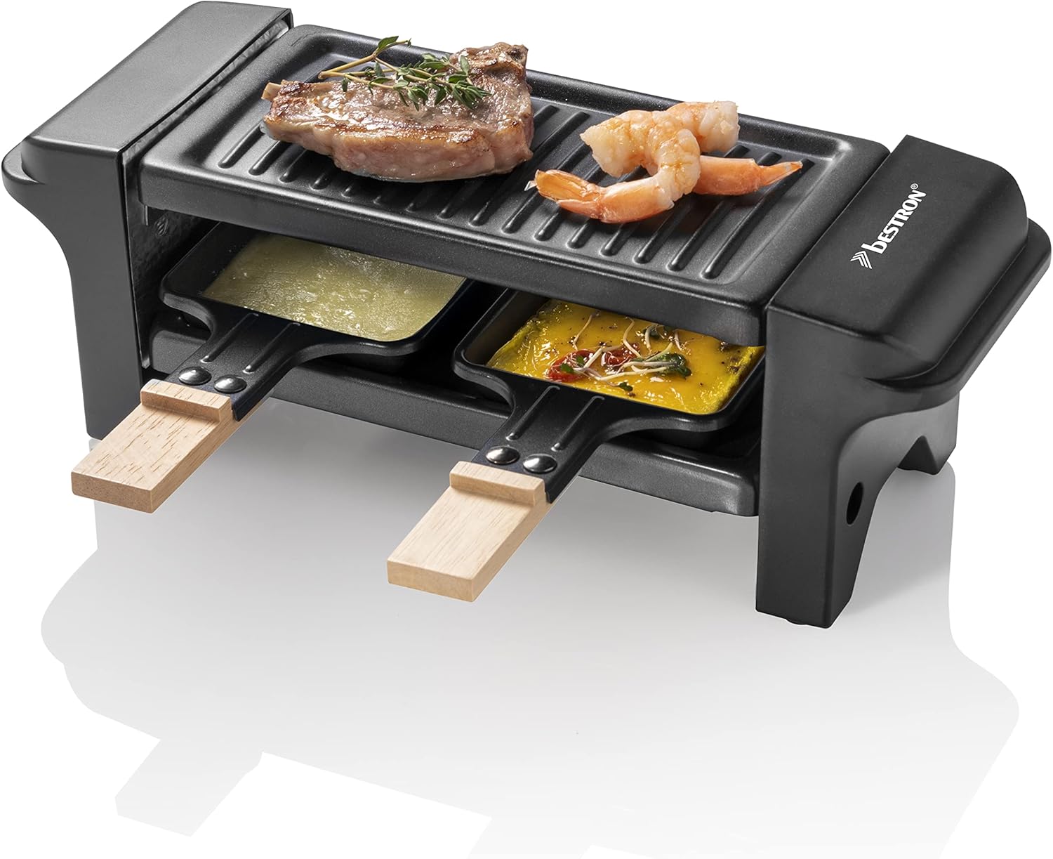 Bestron - mini appareil à raclette 2 pers - 350W, antiadhésif, noir/bois