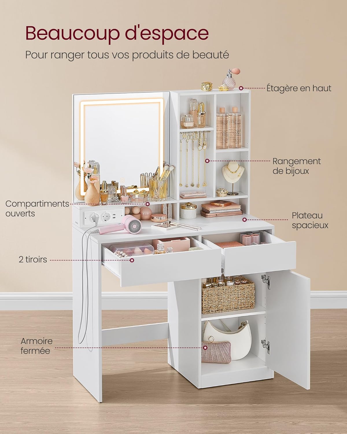 VASAGLE - Kailyn Collection - 90 cm - coiffeuse LED, 3 éclairages, tiroir, multiprise, blanc RDT134WB01