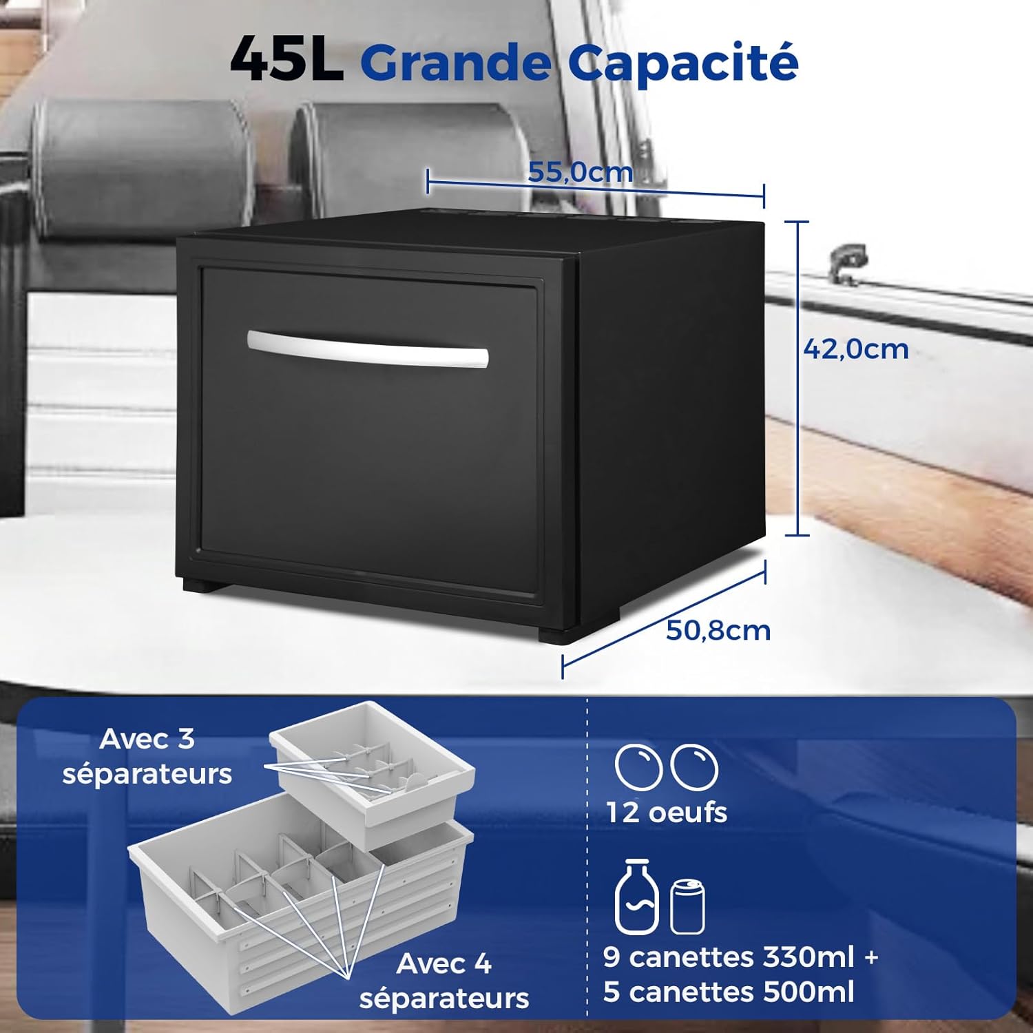 Smad - frigo tiroir camping car 45L - 55x50,8x42cm - 12V, 0-15°C, glacière tiroir