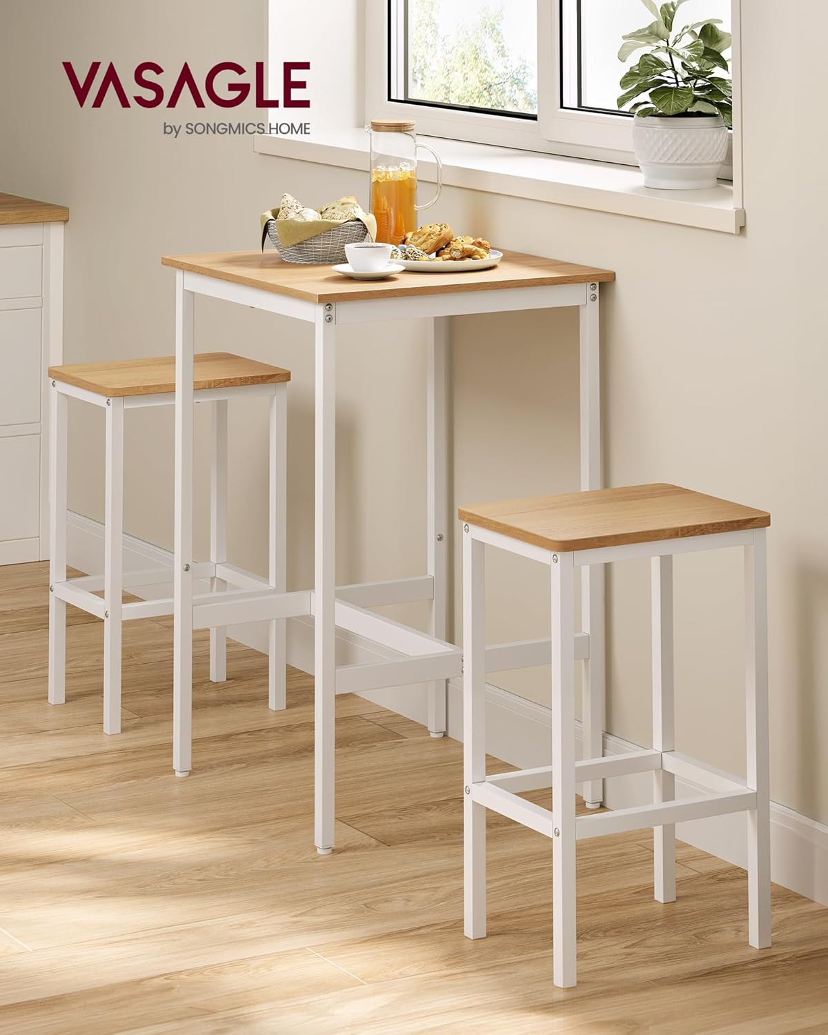 VASAGLE - Table bar & 2 tabourets, chêne doré/blanc, compact, LBT017W09