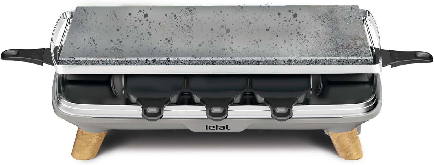 Tefal - Raclette Pierrade PR620D12 - 8 coupelles profondes, pierre naturelle, 1350W, pieds effet bois