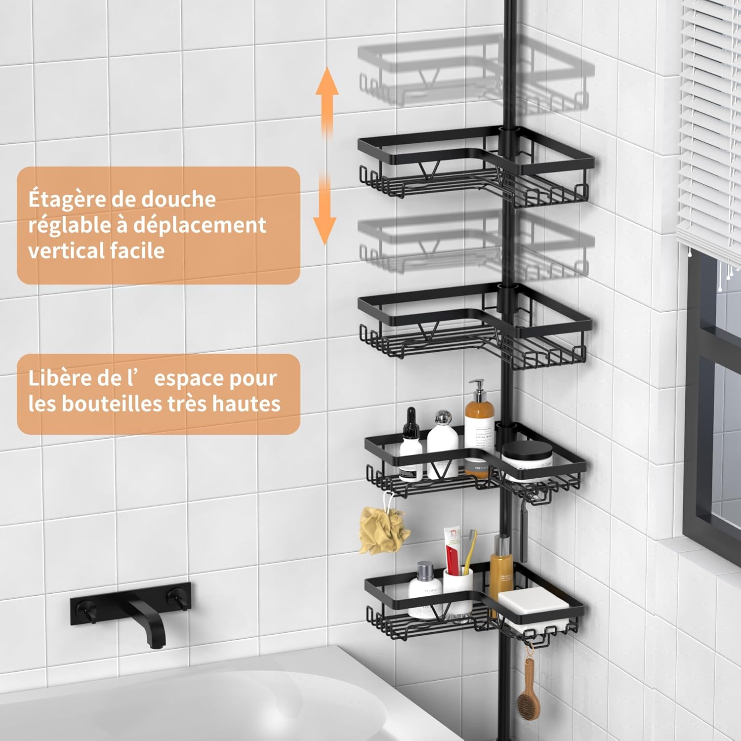 Etagere Douche - angle télescopique, inox, porte-serviette, crochets, noir