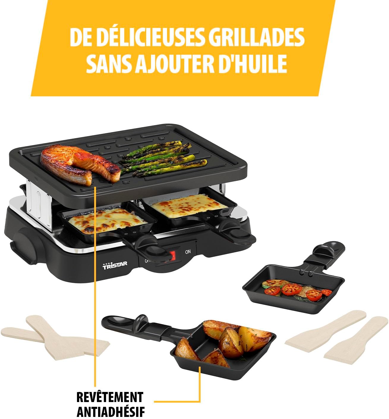 Tristar - raclette gril 4 personnes, revêtement antiadhésif, 500 W, RA-2949